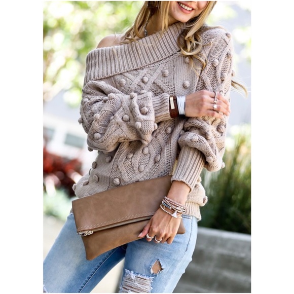 048 Cozy Off shoulder Pom Pom Oversized Sweater Top - Picture 6 of 6